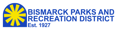 Bismarck Parks & Recreation District Est. 1927 - in blue text and yellow sunburst