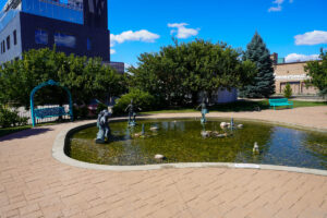 water fountain and park benches at Peace Park