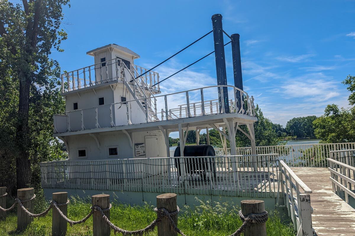 old steamboat along the bank of the Missouri River