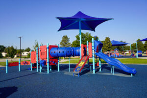 blue and red playground at Wachter Park