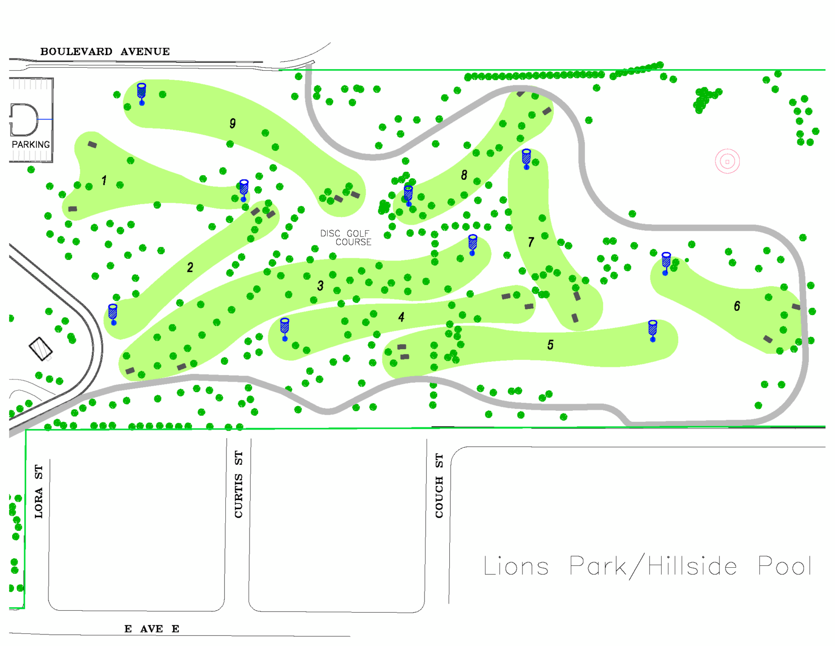 map of 9-hole disc golf course at Lions Park with hole 1 located southeast of the parking lot that is east of Hillside Aquatic Center